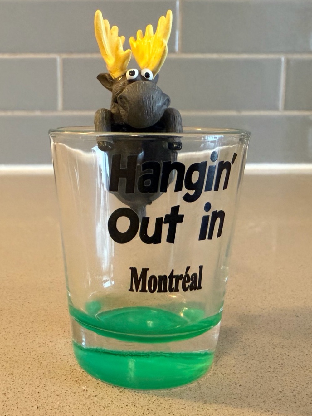 Hangin' Out in Montréal Novelty Shot Glass with Yellow Moose Figurine